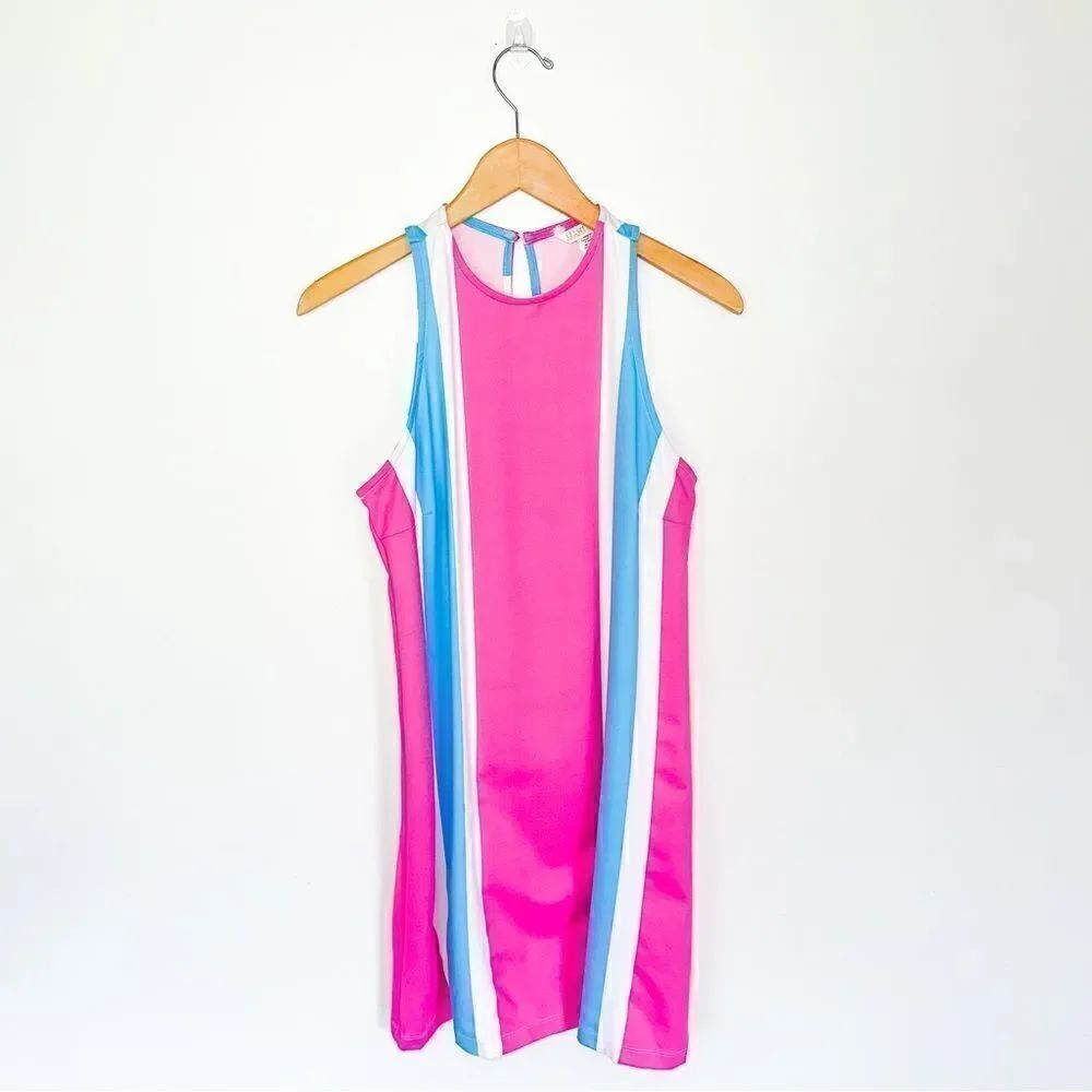 Mahi Gold Women’s Malibu Barbie Pink and Blue Retro Stripe Sleeveless Dress